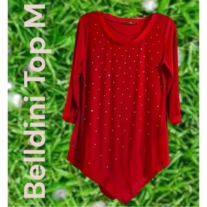Belldini Top Women Size:M Red Soft Stretch Knit Tunic Studded Accents & Trim EUC